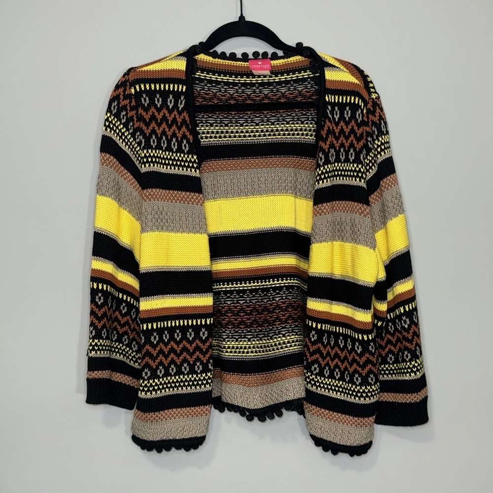 Together Womens Open Front Cardigan Yellow Black Geometric Striped Pom Pom